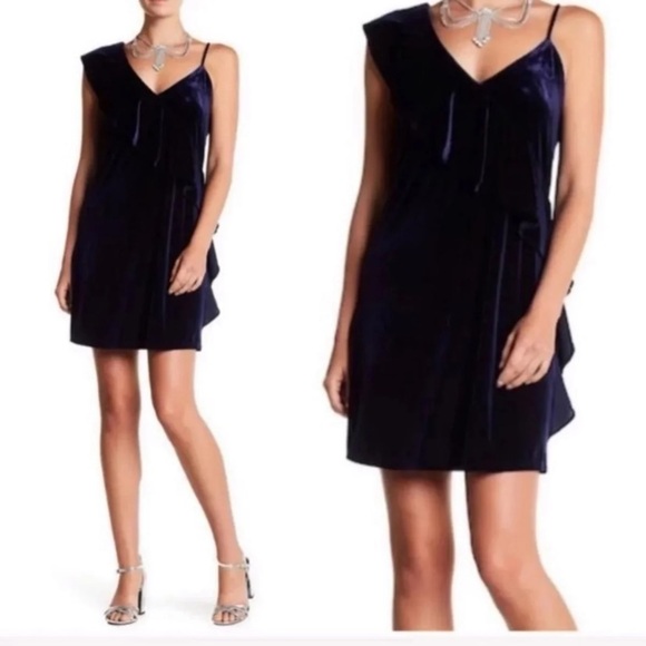 NEW 19 Cooper Navy Blue Velvet Velour Ruffle Asymmetrical Mini Dress Size XS - Picture 6 of 6